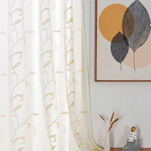 Vista 19 de VISIONTEX 2 paneles de cortinas traslúcidas de 63 in de largo, cortinas de gasa semitransparentes bordadas con hojas florales beige, bolsillo