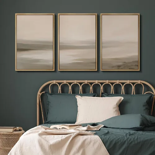 Vista 160 de SIGNFORD - Set de obras de arte en lienzo enmarcado para pared, ilustraciones abstractas de neblina del desierto en tonos neutros beige y marrón