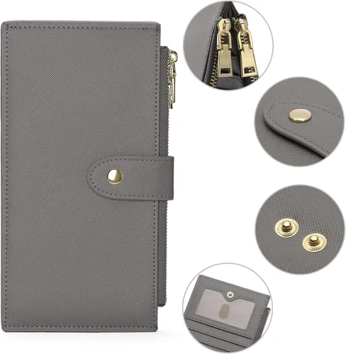 Vista 4 de GOIACII - Carteras para mujer de dos pliegues con bloqueo RFID y 2 bolsillos con cremallera, gris, M