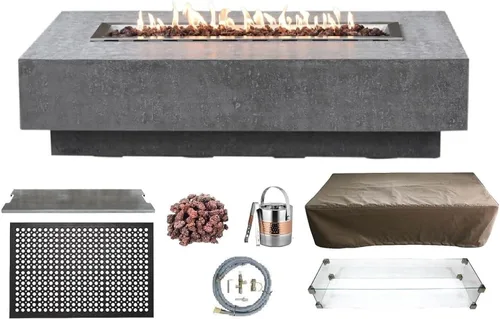 Vista 61 de Elementi+ Mesa de Fuego de Gas Colorado de Hormigón Fundido de 56" Rectangular, Hoguera al Aire Libre con Ignición Electrónica Incluye Cubierta