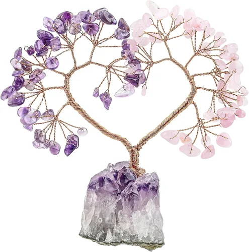 Vista 10 de mookaitedecor Árbol de cristal de corazón de aguamarina con base de amatista natural, árbol de dinero de la suerte para adorno de boda, Feng Shui