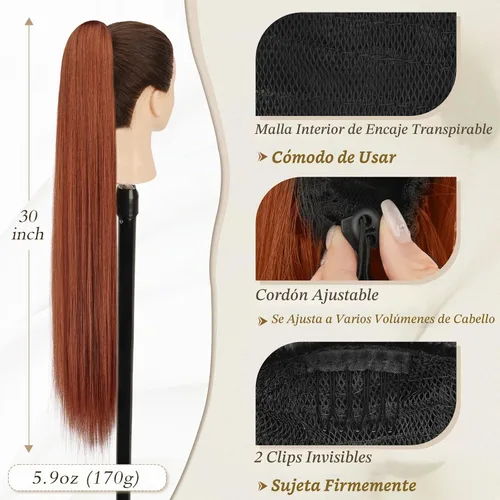 Vista 2 de Barsdar Extensión de Cola de Caballo Castaño - Extensión de Cabello en Cola de 30 Pulgadas Larga y Recta con Cordón Ajustable para Mujeres Caoba