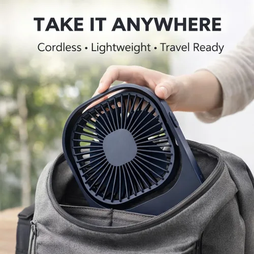 Vista 2 de Ventilador de escritorio portátil, ventilador pequeño inalámbrico recargable por USB de alta capacidad con rotación de 360°, ventilador personal Azul