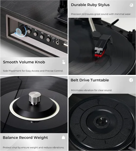 Vista 7 de VANGOA Tocadiscos de vinilo, tocadiscos de 3 velocidades con receptor Bluetooth, altavoces estéreo integrados, color negro