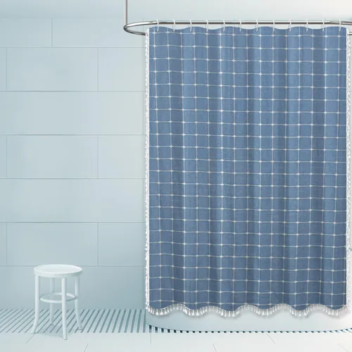 Vista 7 de Cortinas de ducha azules a cuadros Cortinas de ducha de granja con diseño de patchwork a rayas Cortinas de ducha neutras para baño Cortinas de baño