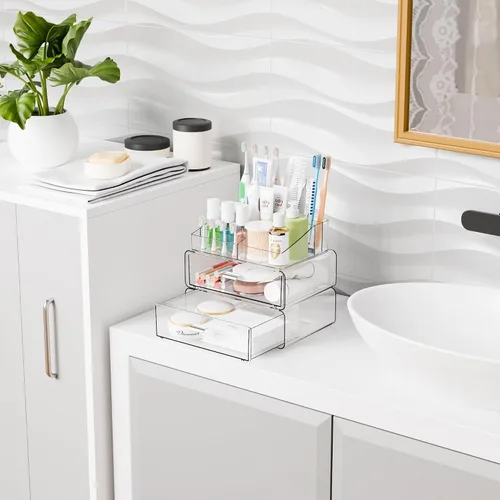 Vista 4 de Yieach Organizadores de maquillaje de 3 niveles en acrílico transparente con 2 cajones, soporte de maquillaje tiered de escritorio y organizadores