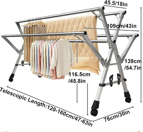 Vista 6 de Tendedero plegable para ropa de lavandería de 63 pies, estante de secado de ropa de acero inoxidable, estante de secado de ropa plegable