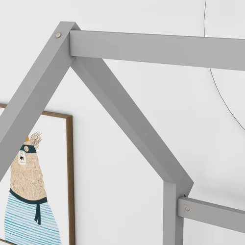 Vista 9 de Harper & Bright Designs Marco de cama de piso de casa de tamaño individual con valla, cama Montessori de madera con marco de techo de casa Gris