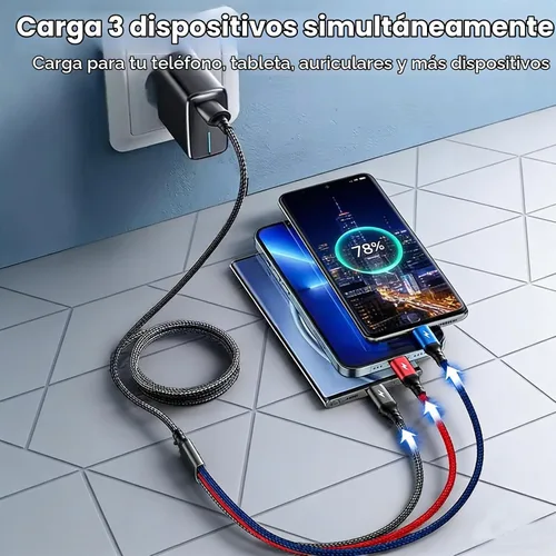 Vista 2 de Juego de cables de carga USB multifunción, paquete de 3 cables trenzados de nailon 3 en 1, múltiples cables de carga rápida para el hogar, oficina