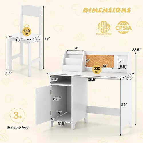 Vista 3 de Costzon Juego de escritorio y silla para niños, mesa de estudio de madera para niños con almacenamiento, gabinete, tablero de anuncios de corcho