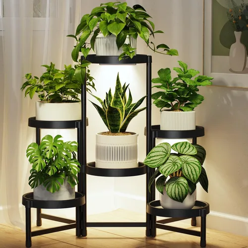 Vista 15 de LASZOLA Soporte plegable de 3 niveles para plantas de interior para múltiples macetas grandes, estante ajustable alto y resistente con estantería