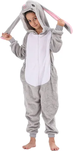 Vista 3 de HIBCIGA Disfraz de mameluco para niños, cosplay de animales para niños y niñas, Halloween, cálido, de felpa, de una pieza, conejo gris
