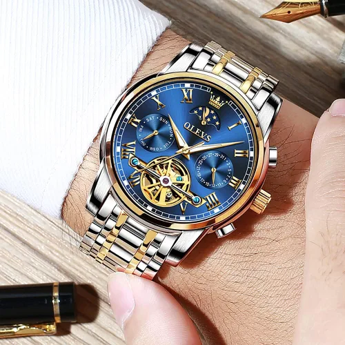 Vista 2 de OLEVS Relojes mecánicos automáticos para hombre, cuerda automática, impermeable, acero inoxidable, relojes de pulsera para hombre, reloj de lujo