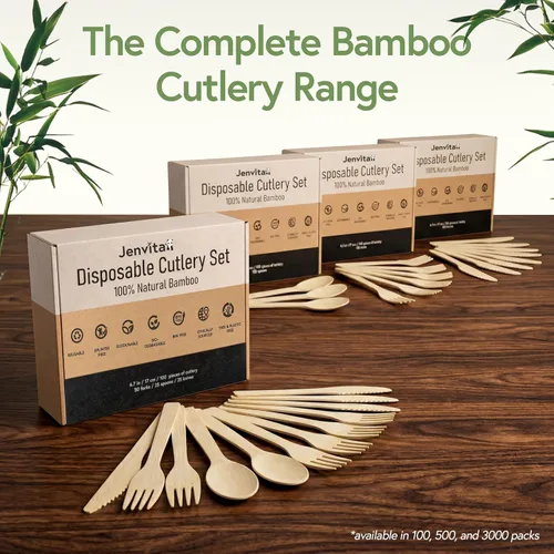Vista 8 de Juego de cubiertos 100% de bambú - Juego de 100 cubiertos compostables