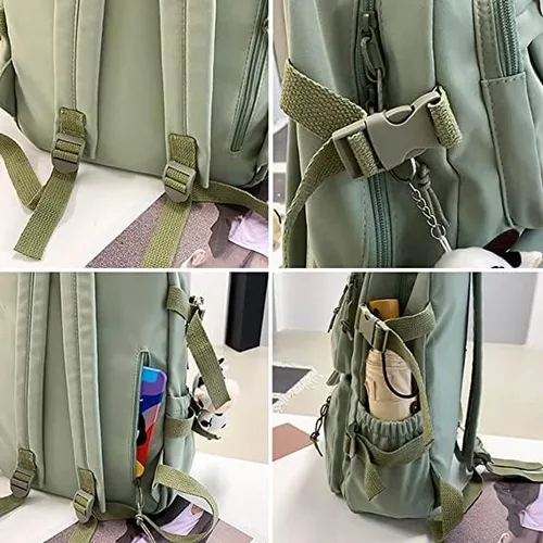 Vista 5 de ZUCHON Mochila Kawaii con bonito colgante y alfiler, bolsas escolares de gran capacidad, mochilas estéticas con bolsa de almuerzo, G-beige