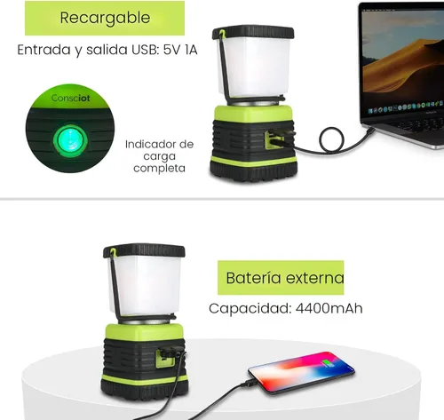 Vista 4 de Linterna de camping LED recargable, luces de camping Consciot, 1000 lúmenes, 4 modos de luz, banco de energía de 4400 mAh, luces de tienda