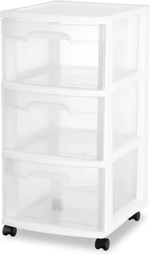 Vista 4 de Sterilite Paquete de 2 organizadores de almacenamiento de plástico, carrito con 3 cajones, organizador de armario, color blanco