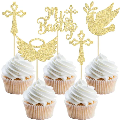 Vista 19 de Gyufise 24 piezas de decoración de pastel de Dios bendiga y decoración de bautizo para cupcakes, cruces de Dios bendiga, adornos de cupcake