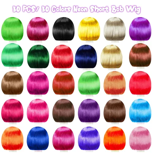 Vista 3 de Juego de 60 pelucas de fiesta y gafas de sol, peluca corta de neón, pelucas de fiesta para cosplay, pelucas coloridas para despedidas de soltera
