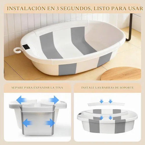 Vista 2 de Bañera para bebé EverKiddo, tina de baño para bebé con termómetro y cojín suave, bañera plegable para bebés de recién nacidos a niños pequeños de 0