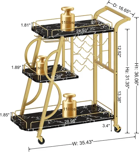 Vista 2 de Carrito de bar para el hogar, carrito de servicio de bar con ruedas, carritos de licor de 3 niveles con estante para vino y soporte para vidrio