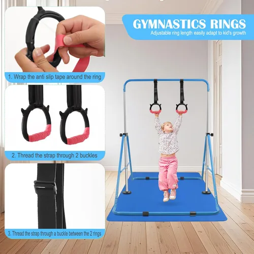 Vista 5 de YEEGO DIRECT Barra de gimnasia con anillos, barra de gimnasia plegable para niños de 3 a 12 años, expandible para entrenamiento en casa, regalos