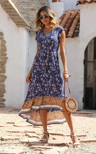 Vista 5 de PRETTYGARDEN Vestido largo de verano para mujer, casual, floral, cuello en V, mangas casquillo, bohemio, alto y bajo, vestido largo de sol