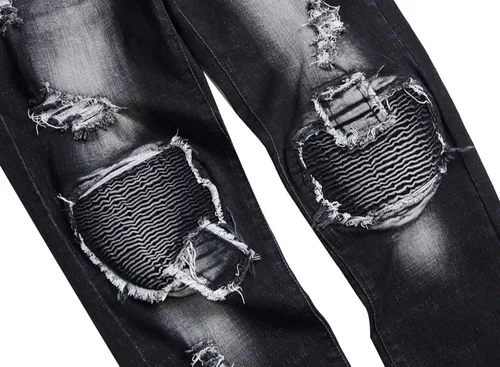 Vista 3 de QIMYUM Jeans ajustados para hombre, jeans ajustados rasgados para hombre, jeans de motociclista, elásticos, pantalones de mezclilla de Moto Cargo