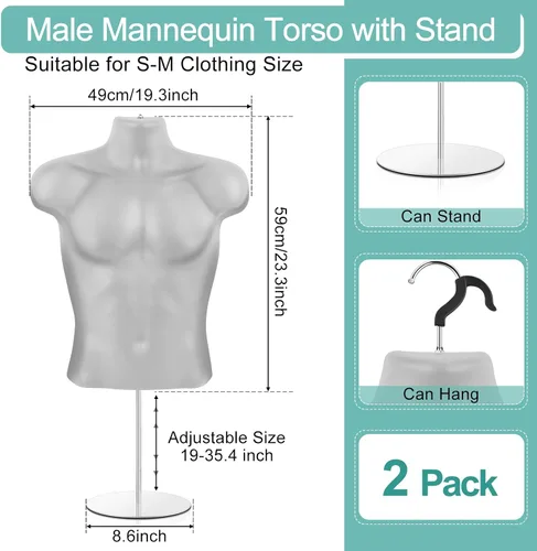 Vista 2 de Geetery Paquete de 2 maniquíes masculinos con soporte de espalda hueca y cuerpo de maniquí blanco para venta al por menor, exhibición de camisetas