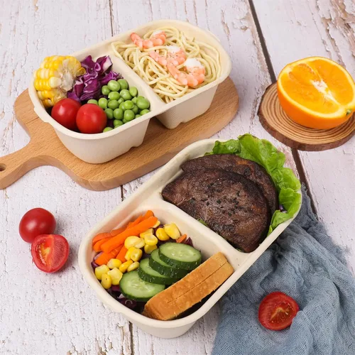 Vista 3 de 23 oz 2 compartimentos cuencos desechables con tapas Fibra vegetal Paquete de 50