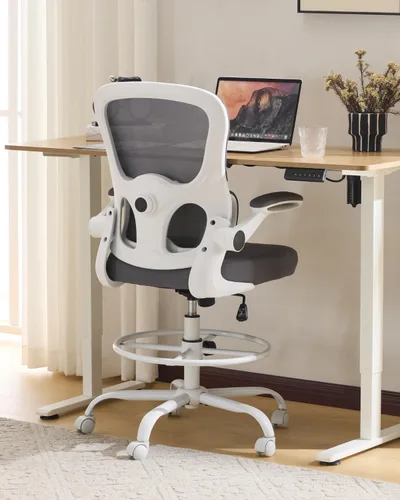 Vista 9 de Karlhome - Silla ergonómica de dibujo con soporte lumbar y reposabrazos abatibles, silla de oficina giratoria alta con anillo reposapiés de altura