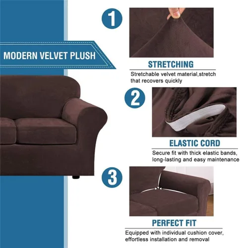 Vista 2 de Funda de terciopelo de lujo con fundas de cojín de asiento separadas, funda de sofá de alta elasticidad, fundas de sofá de felpa ultra suave, Marrón