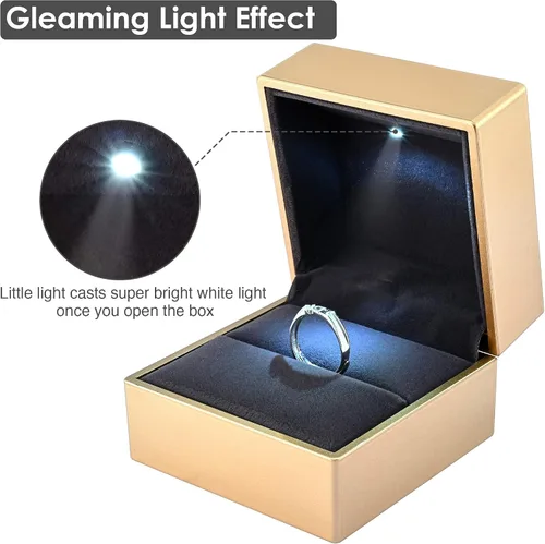 Vista 4 de Yeshom Caja de anillo LED para joyería, propuesta de compromiso de boda, anillo de oído iluminado, estuche colgante dorado
