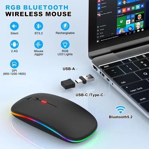 Vista 2 de Mouse inalámbrico Bluetooth para MacBook Air Mac Pro iPad, mouse silencioso recargable LED con receptor USB-A/USB-C de 2.4 GHz y mouse jiggler, Negro