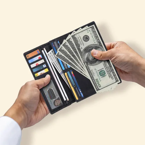 Vista 4 de Cartera de cuero genuino para mujer de cuero con bloqueo RFID - Tarjetero triple de diseñador para damas tipo clutch con ventana de identificación