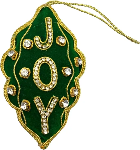 Vista 19 de Adorno de Navidad adornado con corazón verde, bordado Zari Zardozi dorado con cuentas y perlas de imitación, bolsa de presentación