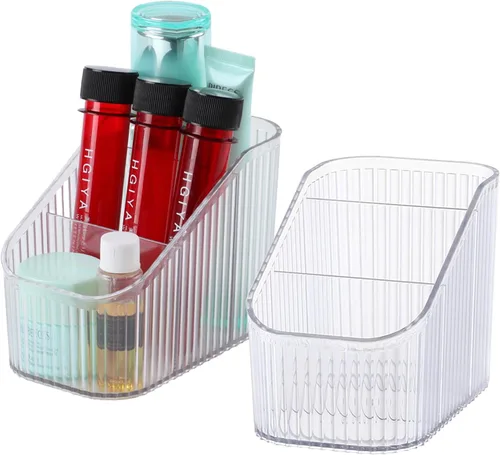 Vista 17 de Organizador de brochas de maquillaje ámbar para tocador, organizador de encimera de baño, 5 tazas, almacenamiento y exhibición de artículos