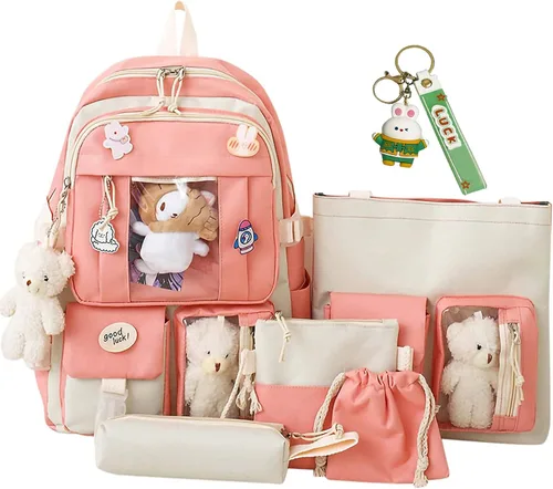 Vista 9 de Mochila Kawaii de 5 piezas, bolsa deportiva estética de 17 pulgadas con bonita mochila, bolsa de hombro, caja de lápices, bolsa de mano, bolsa