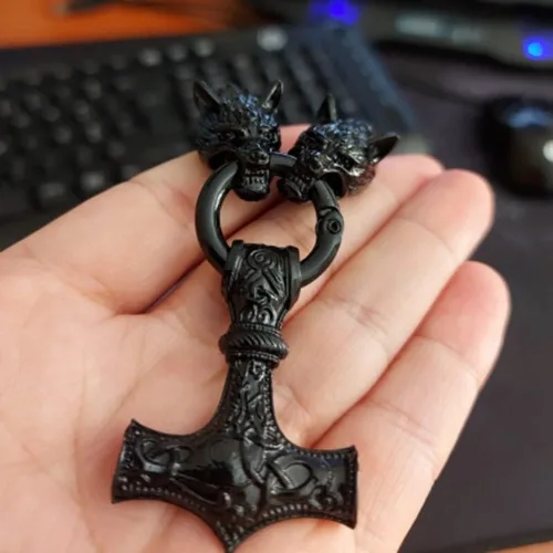 Vista 3 de Black Viking Odin Thunder Hammer And Roaring Wolf Head Mjolnir Thora's Hammer Amulet Necklace Viking Jewelry