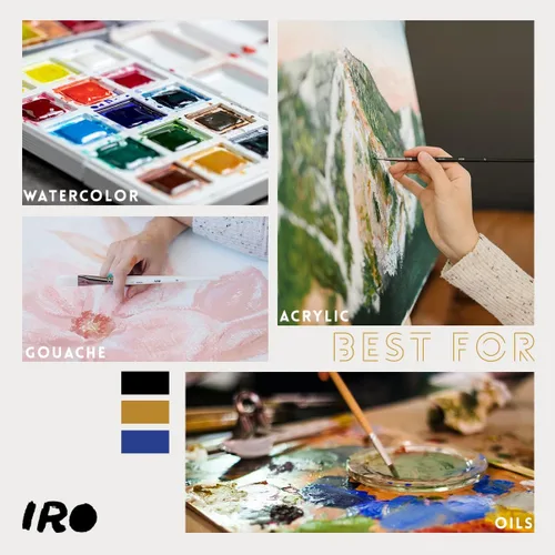 Vista 5 de IRO Juego de 15 pinceles planos profesionales para pintura acrílica y pinturas al óleo. Pinceles redondos para acuarela y gouache. Juego de pintura
