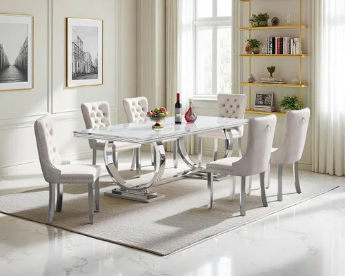 Vista 50 de Juego de mesa de comedor de 5 piezas para 4, mesa de cocina de mármol negro de 68 pulgadas con 4 sillas beige, mesa de comedor rectangular moderna
