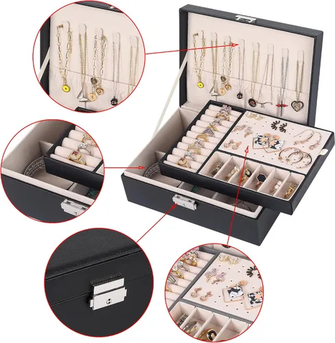 Vista 2 de Joyero para mujer cuero con candado organizador portátil de joyas de 2 capas y caja de almacenamiento collares pulseras anillos soporte para aretes