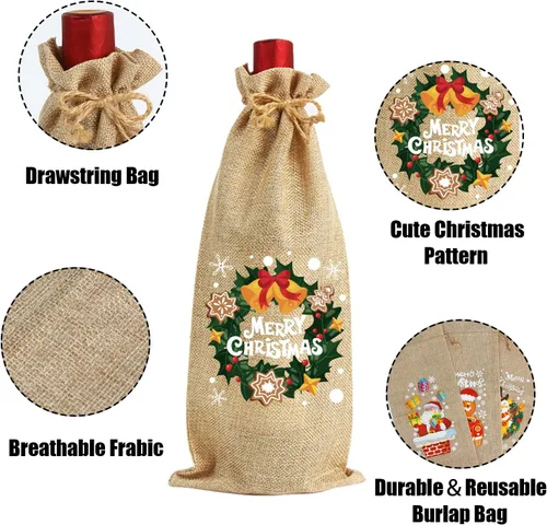 Vista 3 de CCINEE 10 piezas de bolsas de vino de arpillera - Fundas para botellas de yute - Bolsas de regalo navideñas reutilizables con cordón