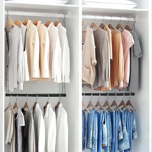 Vista 8 de Storage Maniac Barra Colgante para Armario, Organizador Colgante para Ropa con Ancho y Altura Ajustables, Barra para Colgar Ropa que Ahorra Espacio