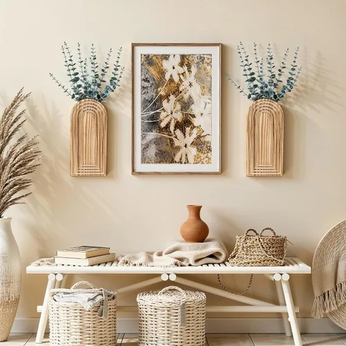 Vista 7 de DREAMLOOM Paquete de 2 jarrones de pared de madera con plantas artificiales de eucalipto, macetas para colgar en la pared, estilo bohemio y moderno