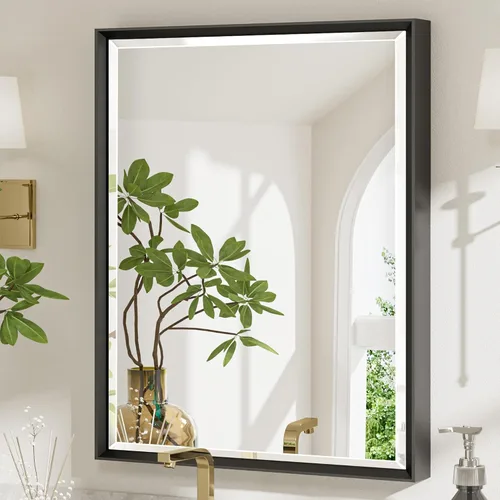 Vista 50 de Espejo de baño negro, espejo de baño biselado de 16 x 24 pulgadas para pared, espejo con marco negro antioxidante para decoración de baño, sala