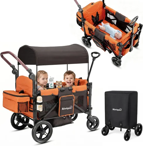 Vista 11 de Rovique Cochecito para 2 niños, carriola, vagón premium para niños Negro