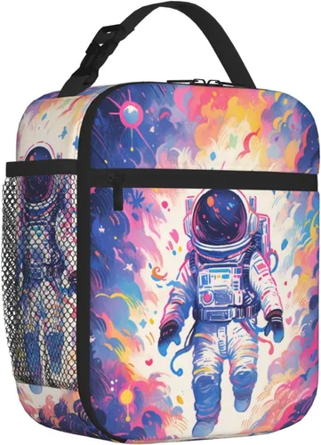 Vista 2 de SARA NELL Lonchera infantil para niños, bolsa de almuerzo de astronauta, galaxia, planeta espacial, bolsa térmica de poliéster con aislamiento