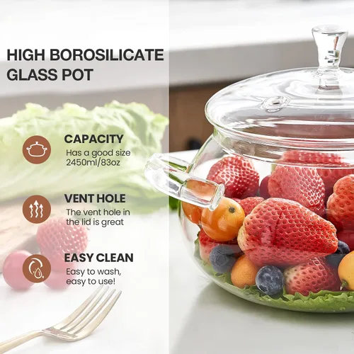 Vista 5 de Olla de vidrio de borosilicato, cacerola de 2.5 cuartos con tapa, apta para microondas, estufa y lavavajillas