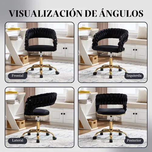 Vista 8 de NIOIIKIT Silla tejida para oficina en casa, silla giratoria de terciopelo Negro